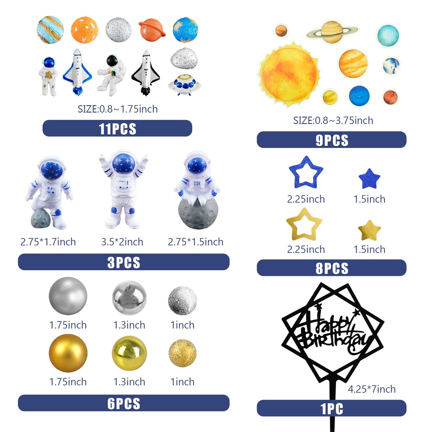 40Pcs Astronaut Space Cake Toppers Outer Space Astronaut Figurine Meteorite Planet Rocket Stars And Gold Silver Ball Space Theme