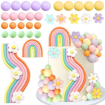 Rainbow Cake Topper Colorful Balls Groovy Baby Cake Decorations Disco Ball Cake Retro Hippie Daisy Flower Cake Topper For Baby S