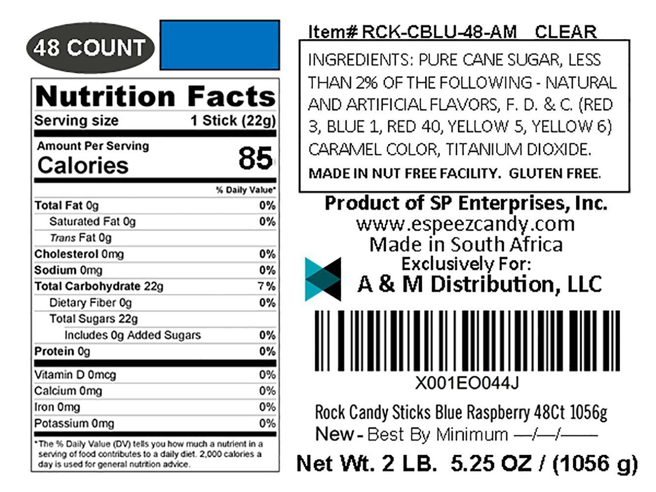 Espeez Blue Rock Candy Sticks - 48 Count - Individually Wrapped for Weddings, Parties, Candy Buffets