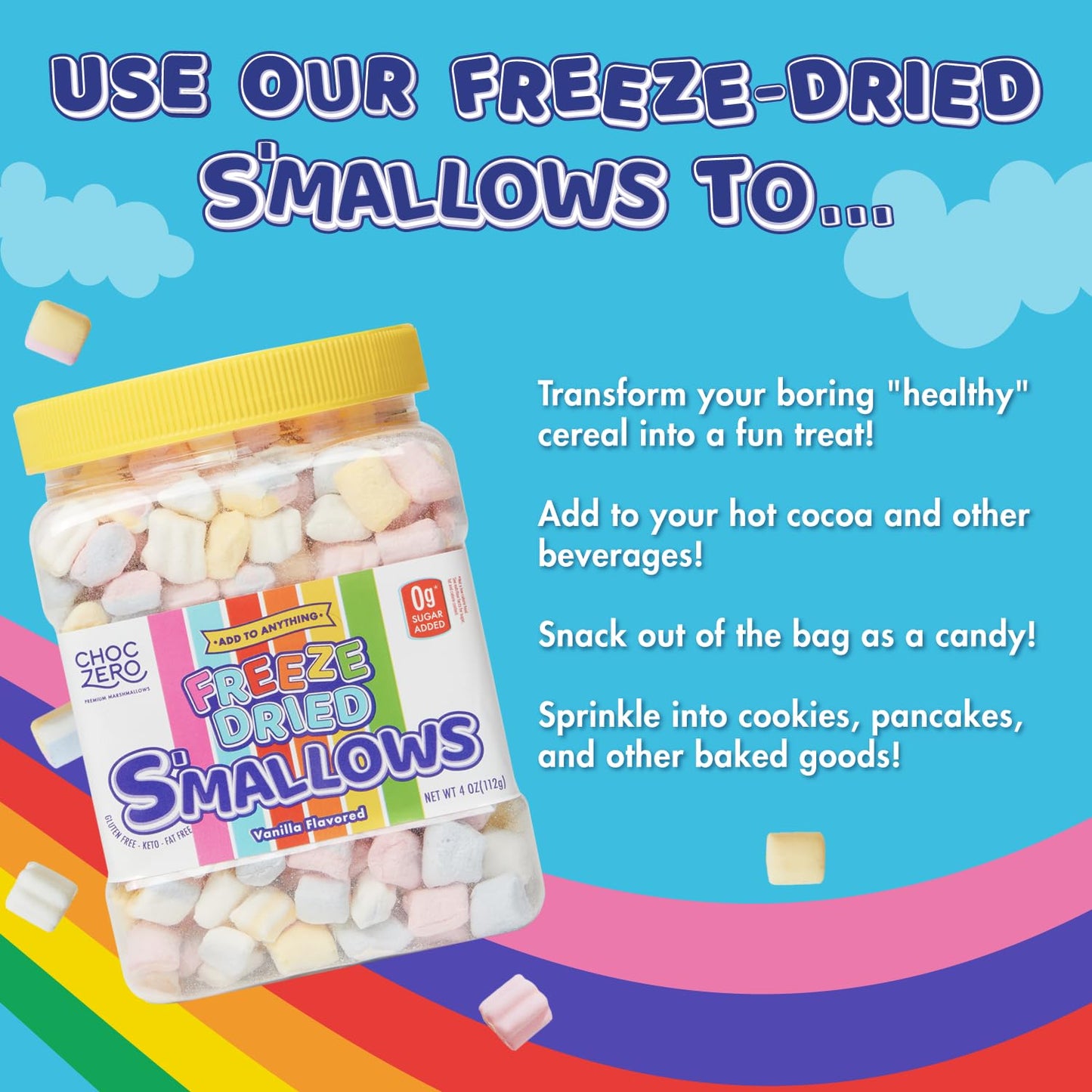 ChocZero Freeze Dried Marshmallow Bits - Zero Sugar Marshmallows - Keto, Fun Shapes, Baking, Ice Cream and Cereal Topping - 4 Ou