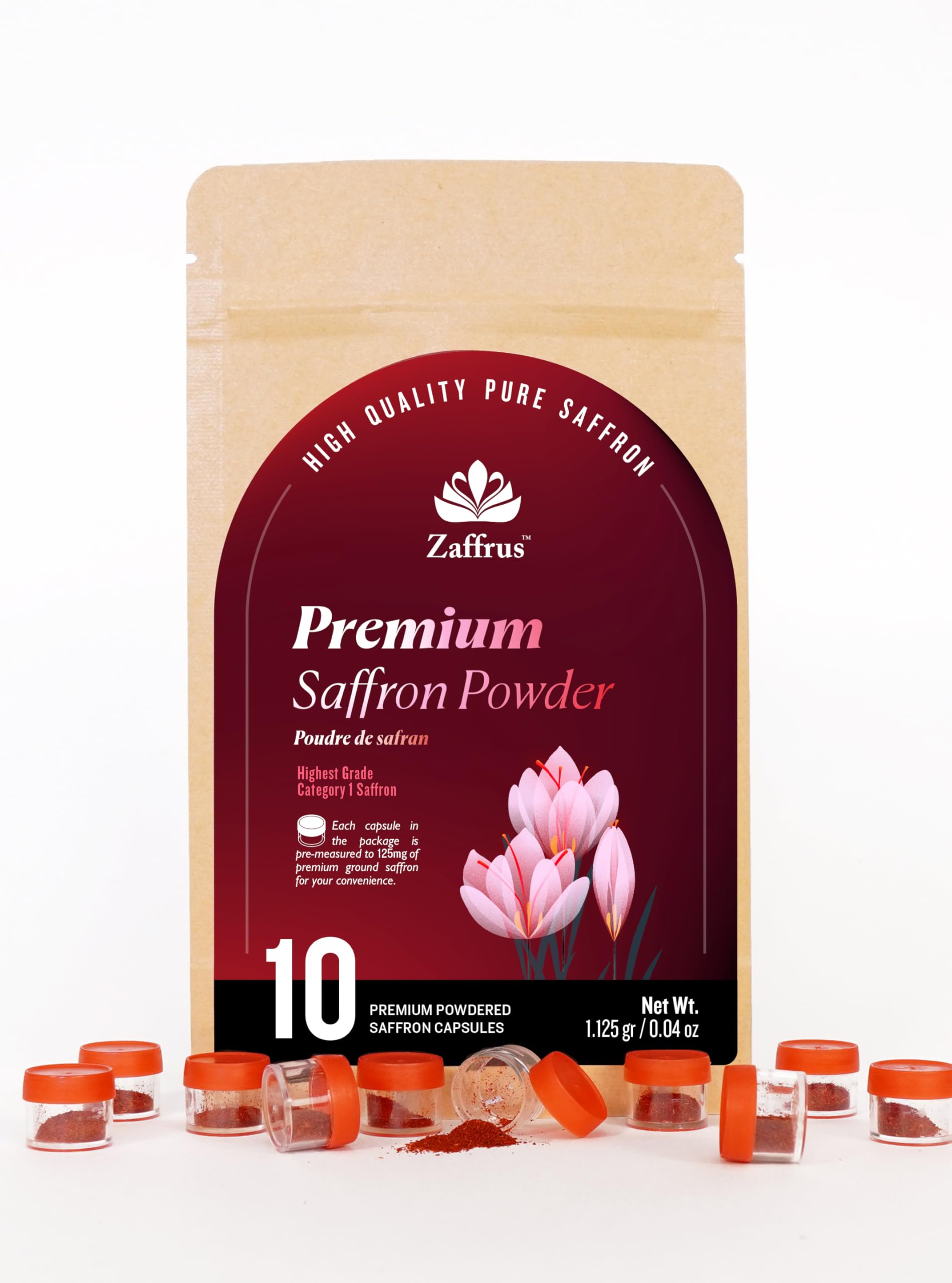 Zaffrus Premium Saffron Powder - 10 Count (1.125g/.04oz) for Cooking and Specialty Drinks