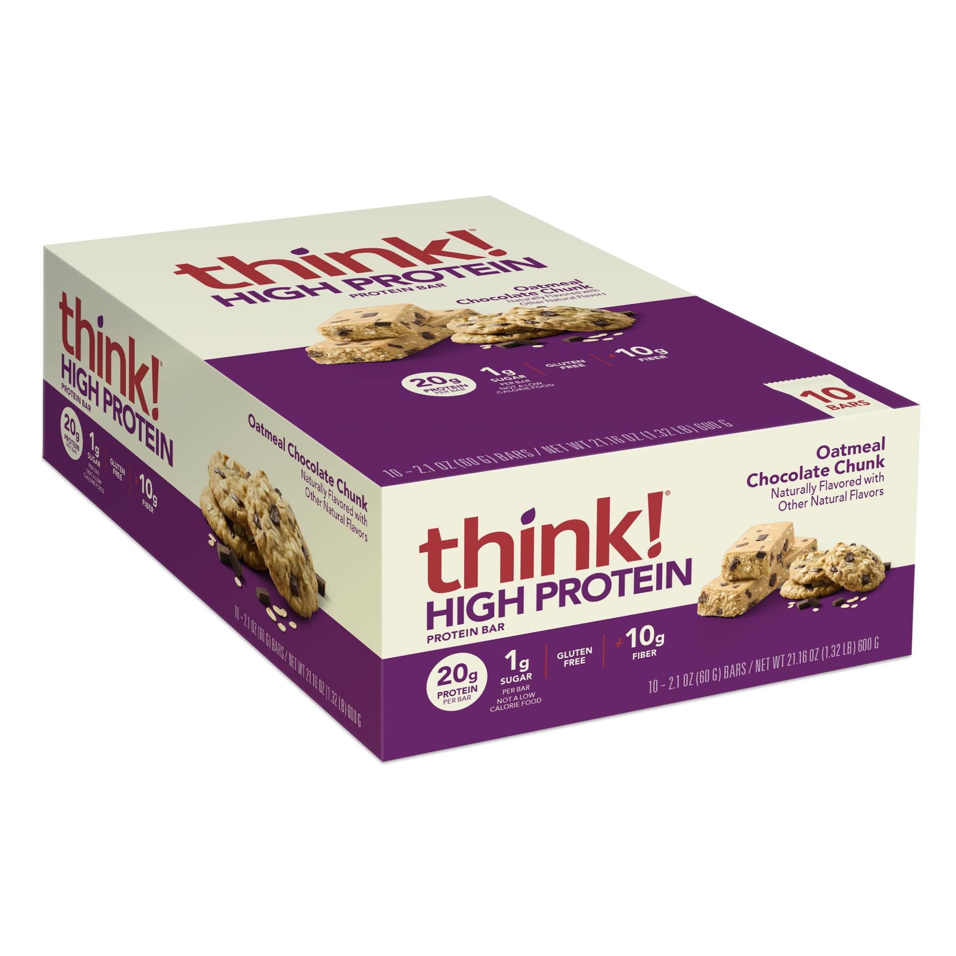 Think! Protein Bars, High Protein Snacks, Gluten Free, Kosher Friendly, Oatmeal Chocolate Chunk, 10 Count