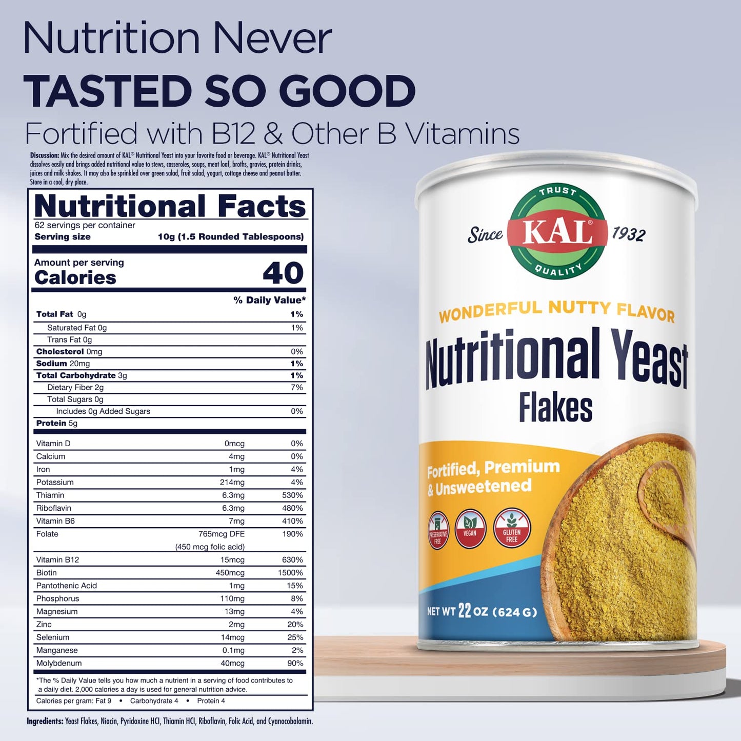 KAL Nutritional Yeast Flakes, Fortified with B12, Vegan, Gluten Free, 22oz (62 Servings), Model 8980537