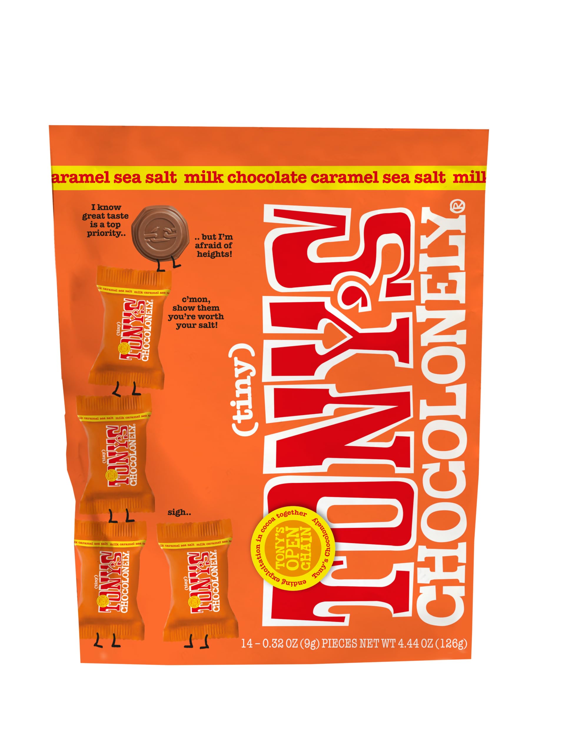 Tonys Chocolonely Milk Chocolate with Caramel and Sea Salt - Belgium Chocolate, Fairtrade & B Corp Certified - 4.44 OZ (1 Pouch