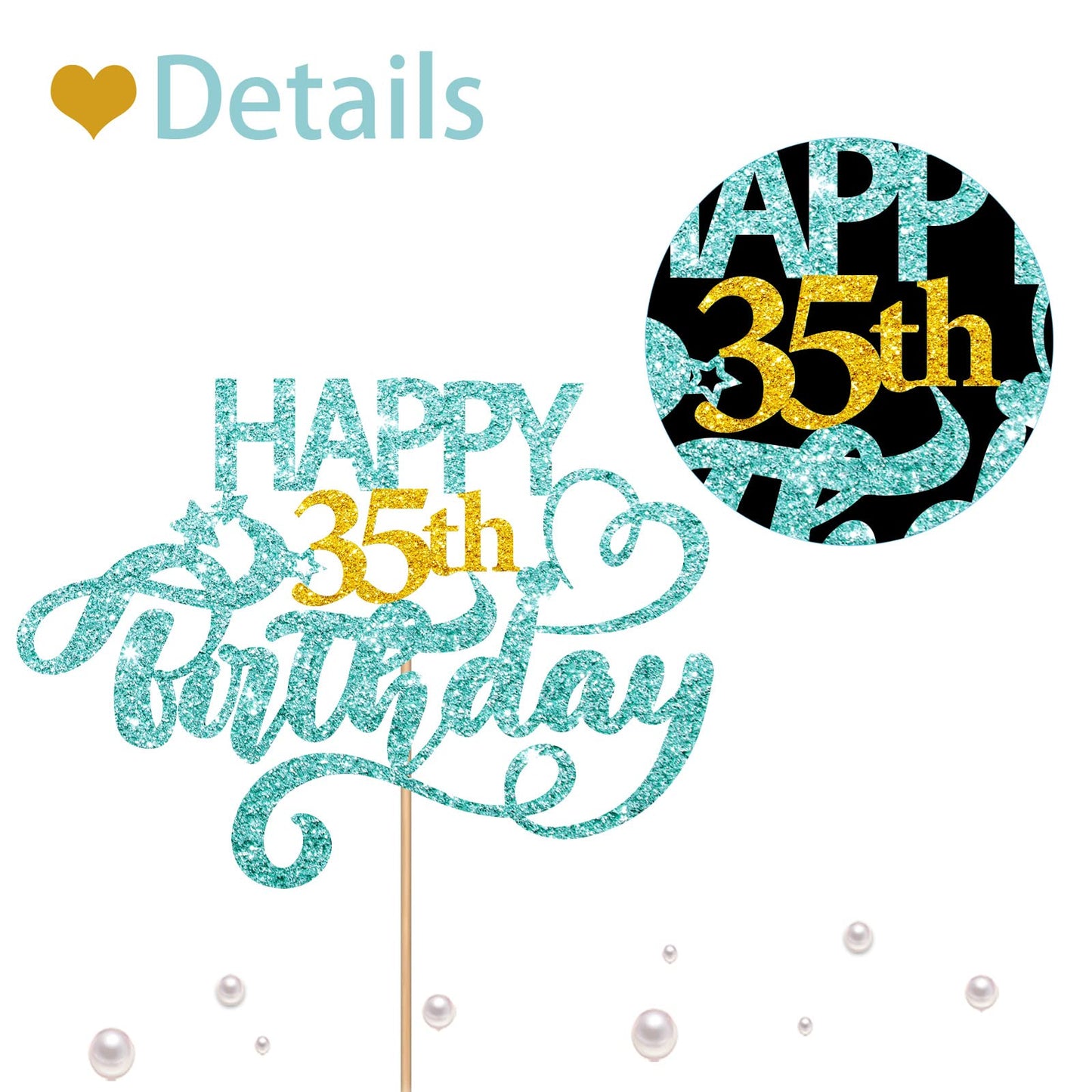 Sky Blue Glitter Happy 35Th Birthday Cake Topper, Thirty Five Years Old Birthday Party Cake Decor, Gold Number 35 Birthday Party