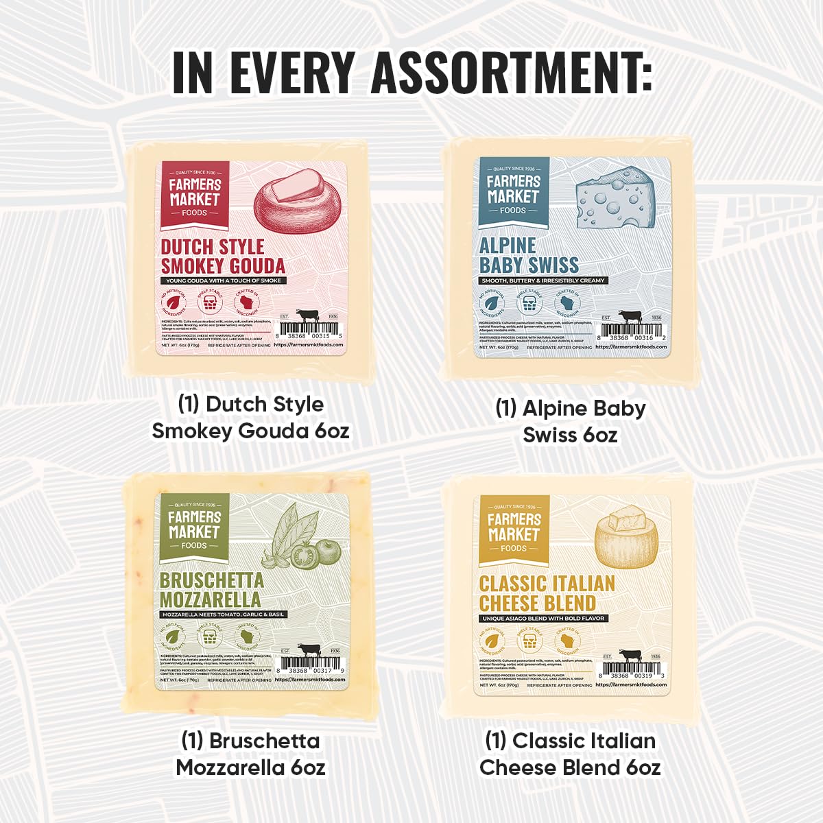 Farmers Market, Gluten Free, Keto, Paleo, Low Sodium, Zero Sugar, Wisconsin Cheese Gift Sets, 6Oz 4 Count