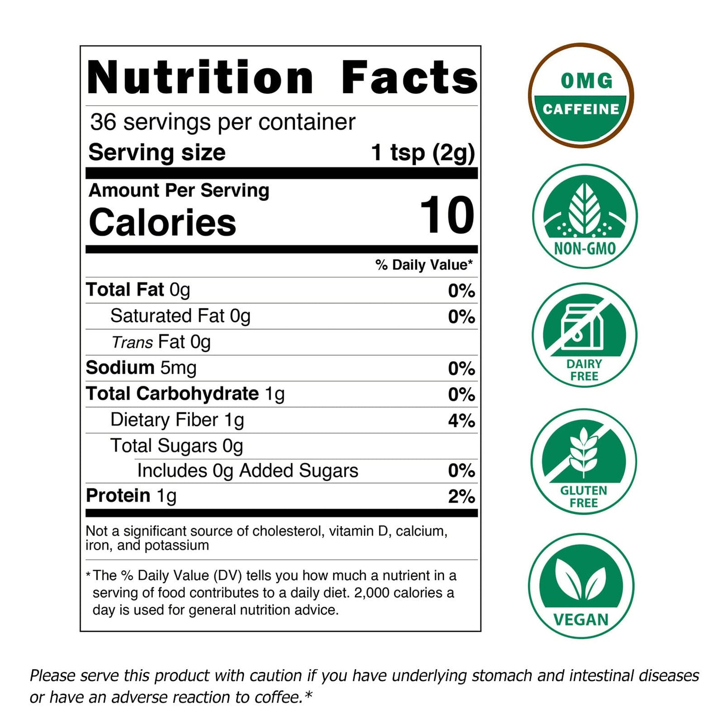 Eco-Taste Decaf Mushroom Coffee - 36 Servings, Instant Coffee Mix Includes 10 Mushrooms Extract Powder, 72 Grams