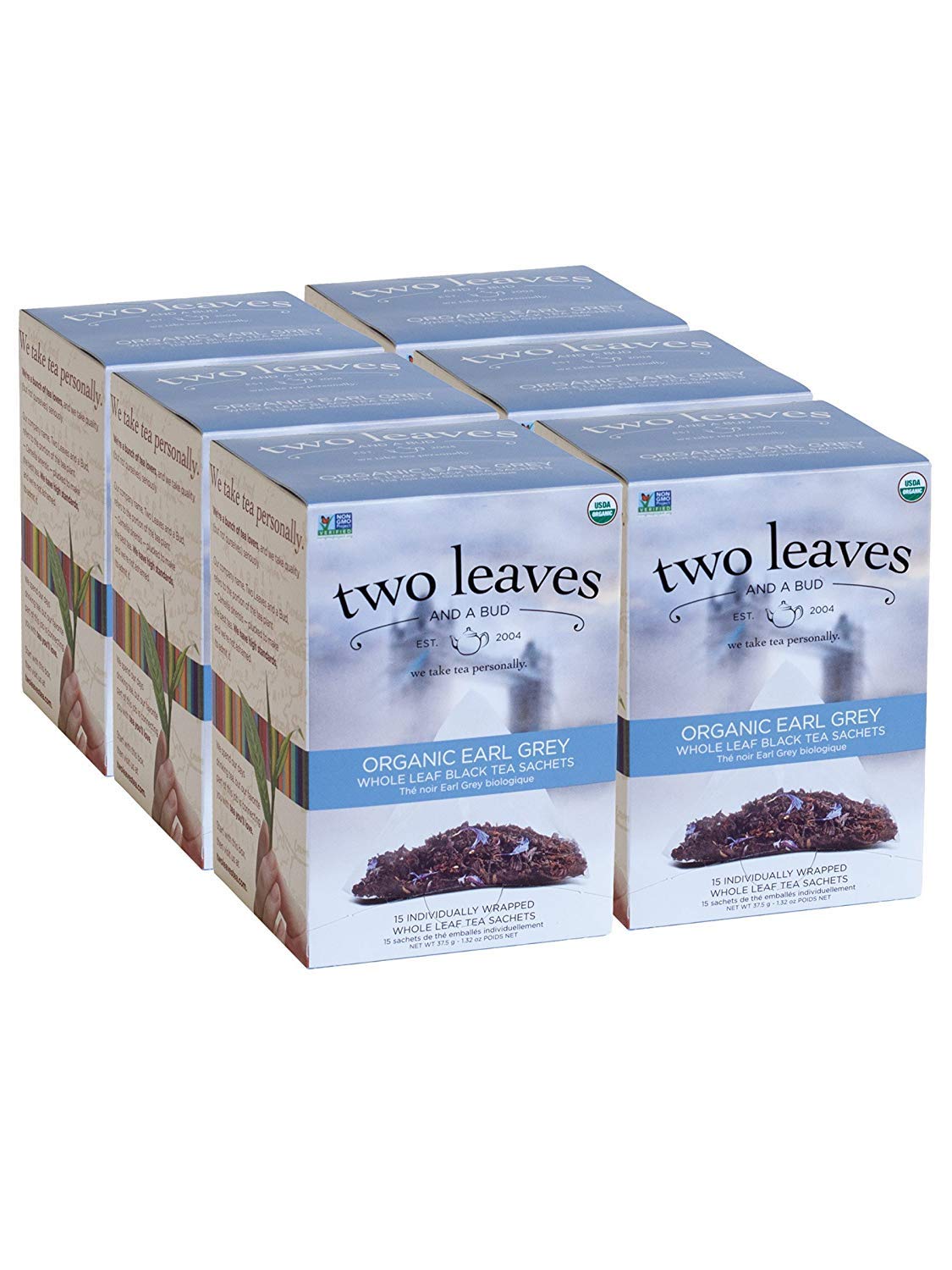 Two Leaves And A Bud Organic Earl Grey Tea Bags, Whole Leaf Caffeinated Black Tea In Compostable Sachets, Caffeinated Black Tea
