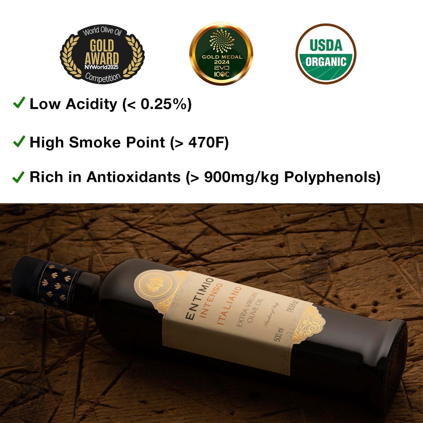 ENTIMIO Organic Extra Virgin Olive Oil, Polyphenol Rich, Cold Extracted, 16.9 Fl Oz, Early Harvest 2024-2025, Gold Winner, Puglia, Italy