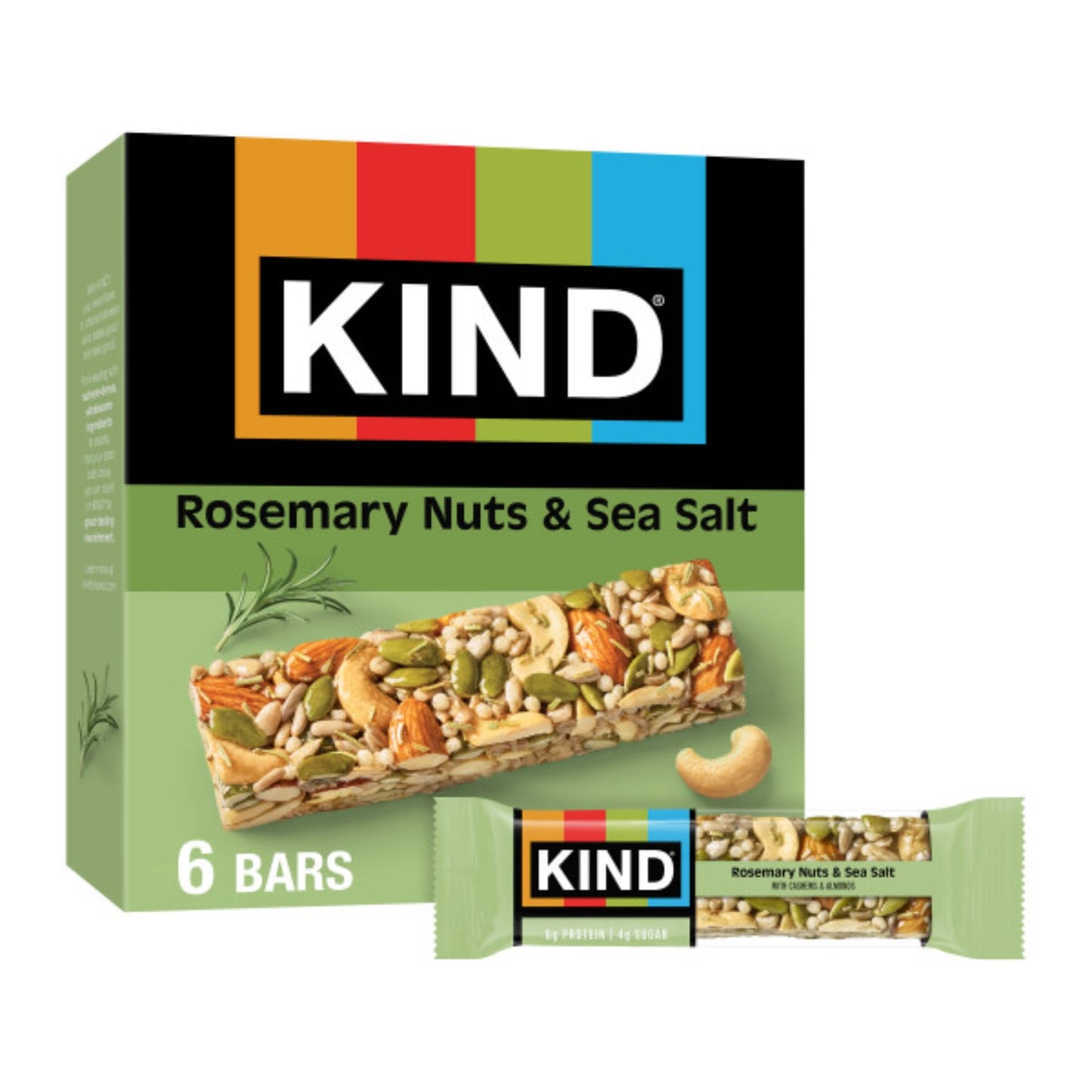 KIND Savory Nut Bars, Rosemary & Sea Salt, Gluten Free, 6g Protein, 6 Count, 1.4 oz, Green/Brown