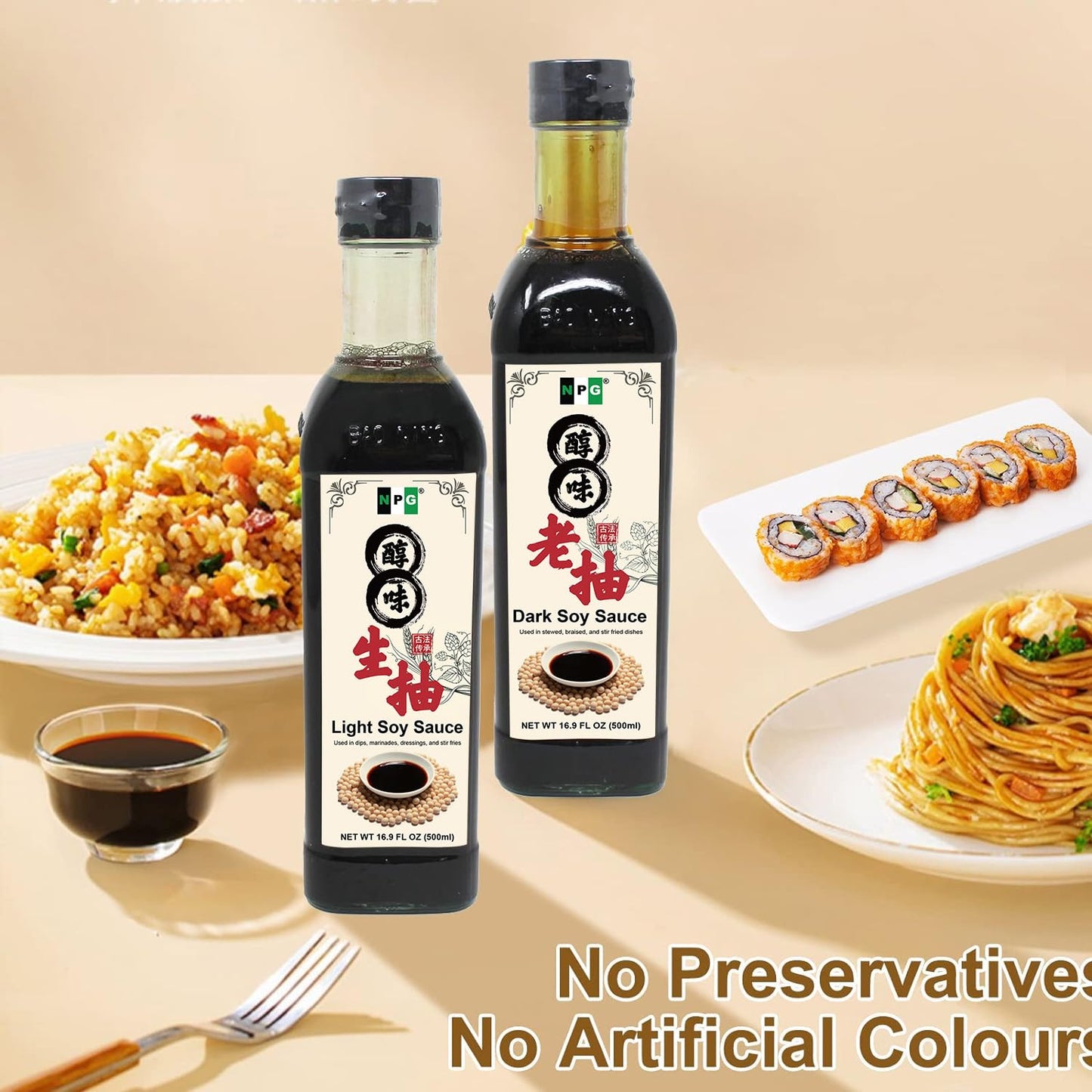 NPG Premium Light and Dark Soy Sauce Set 16.9 FL Oz (Pack of 2) , Soy Dipping Sauces for Fish, Dumpling, Noodles, and Marinade M