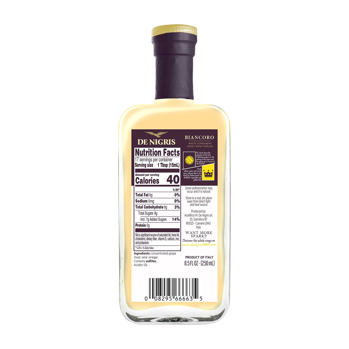 De Nigris Biancoro Sweet White Wine Vinegar, 8.5 Fl Oz (250ml) - Aged Condiment with Balsamic Vinegar from Modena, Italy