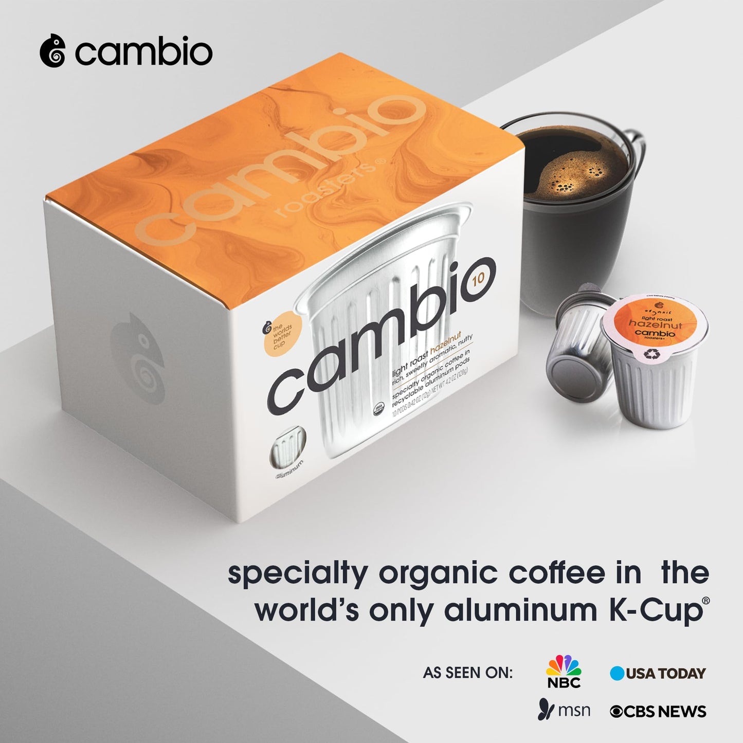 Cambio Roasters Organic Hazelnut Coffee Keurig Kcups, Only Aluminum K Cup For Better & Longer Lasting Flavor, Nutty And Slightly Sweet Light Roast Kcup Keurig Coffee Pods, Lower Acid Kcups, 10 Count