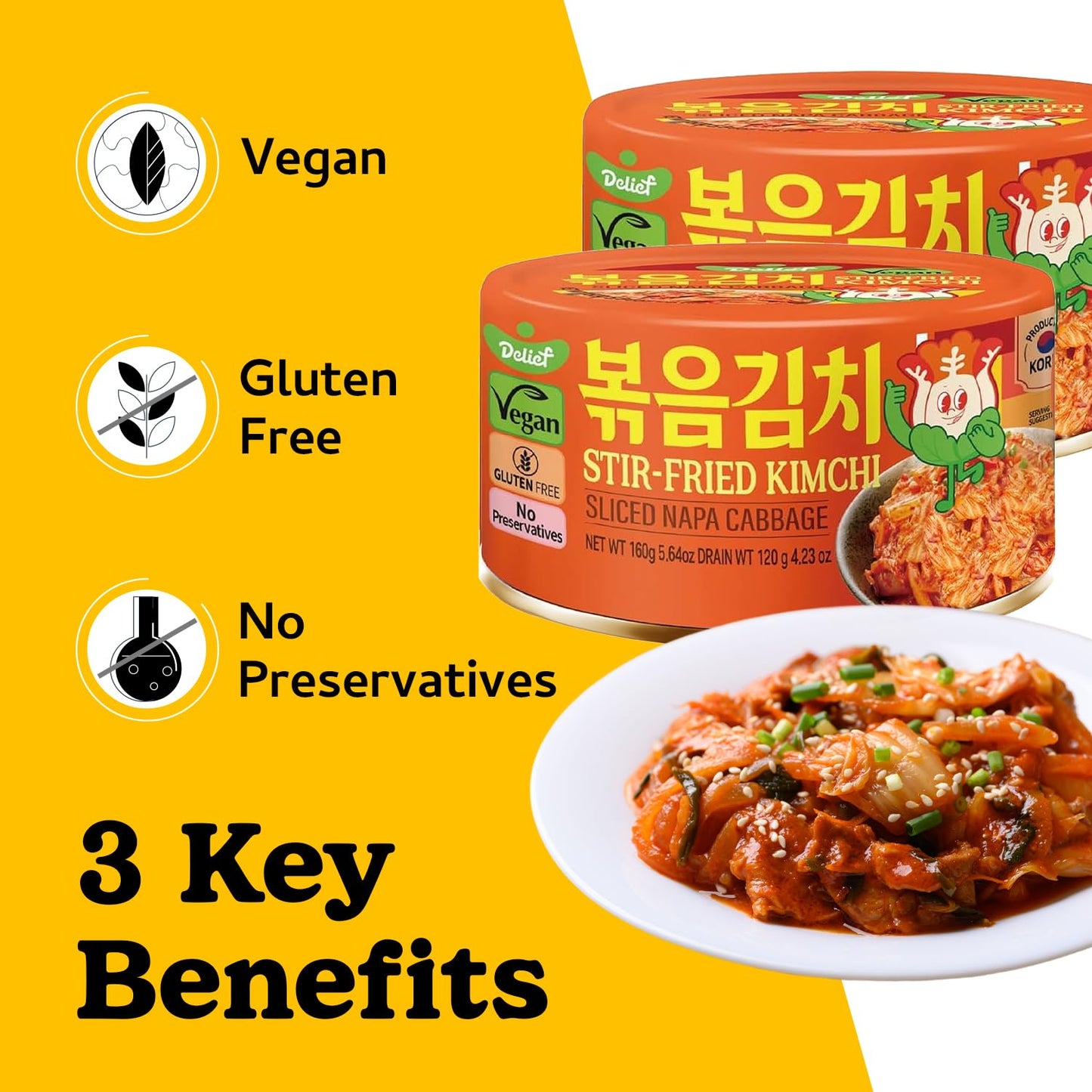 DELIEF Stir-Fried Cabbage Kimchi, Vegan, Gluten-Free, 5.64 oz/160 g, 4 Packs