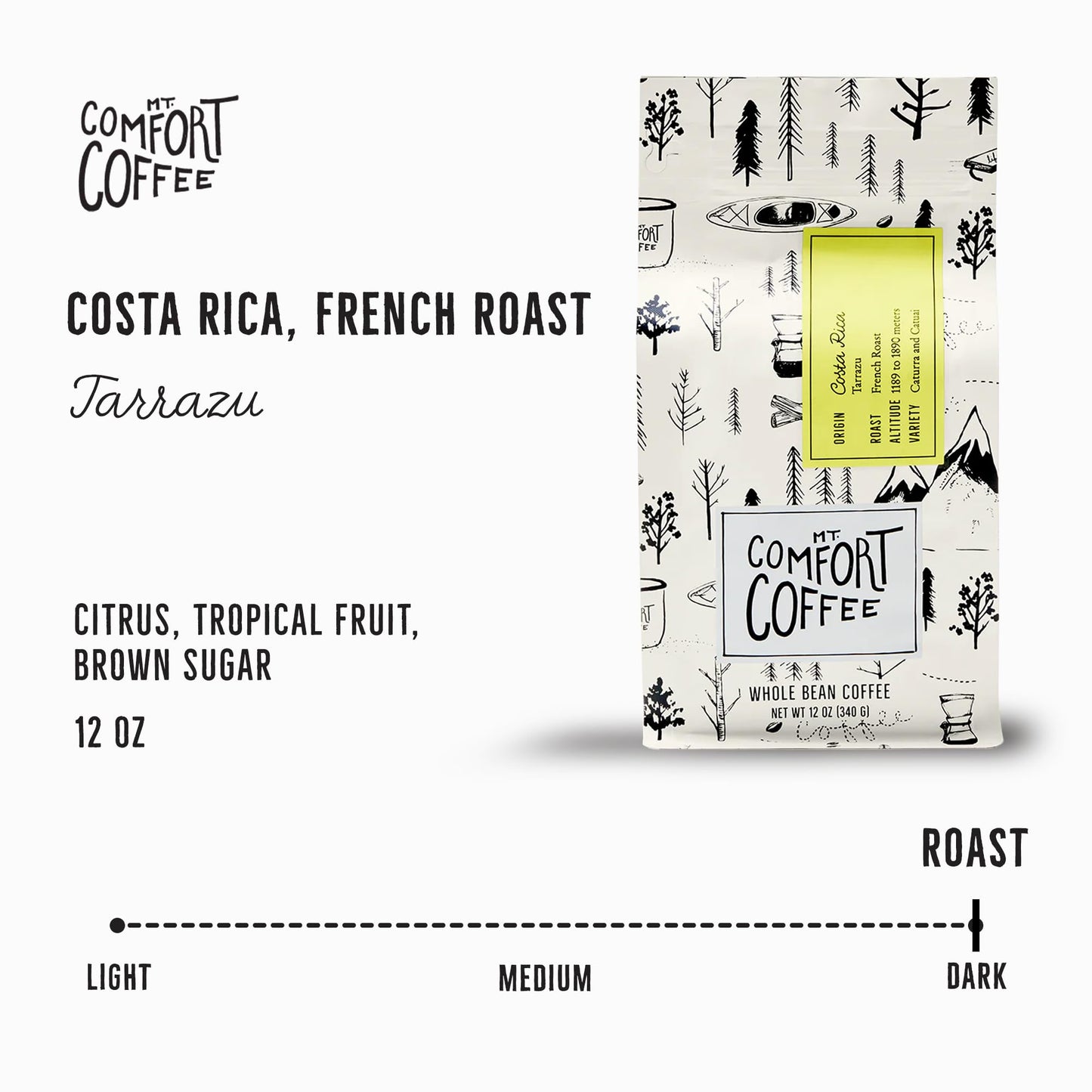Mt. Comfort Coffee Costa Rica French Roast Whole Beans, 12 Ounce - Notes of Citrus, Tropical Fruit, & Brown Sugar