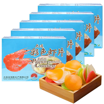 KWOLYKIM 180gX5 Boxes Uncooked Colorful Prawn Flavor Crackers, Multi-color Crispy Shrimp Flavor Chip Asian Traditional Food and 