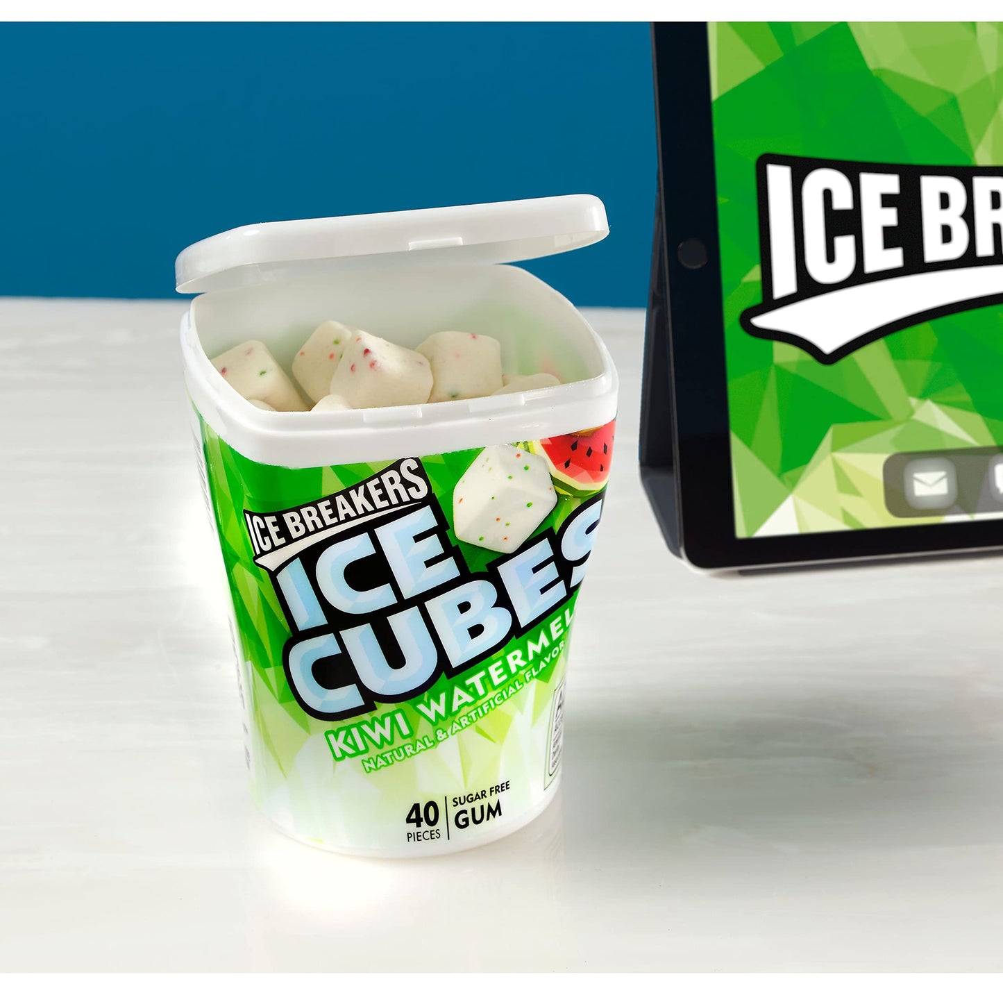 ICE BREAKERS Ice Cubes Kiwi Watermelon Sugar Free Chewing Gum Bottles, 3.24 oz (6 Count, 40 Pieces)