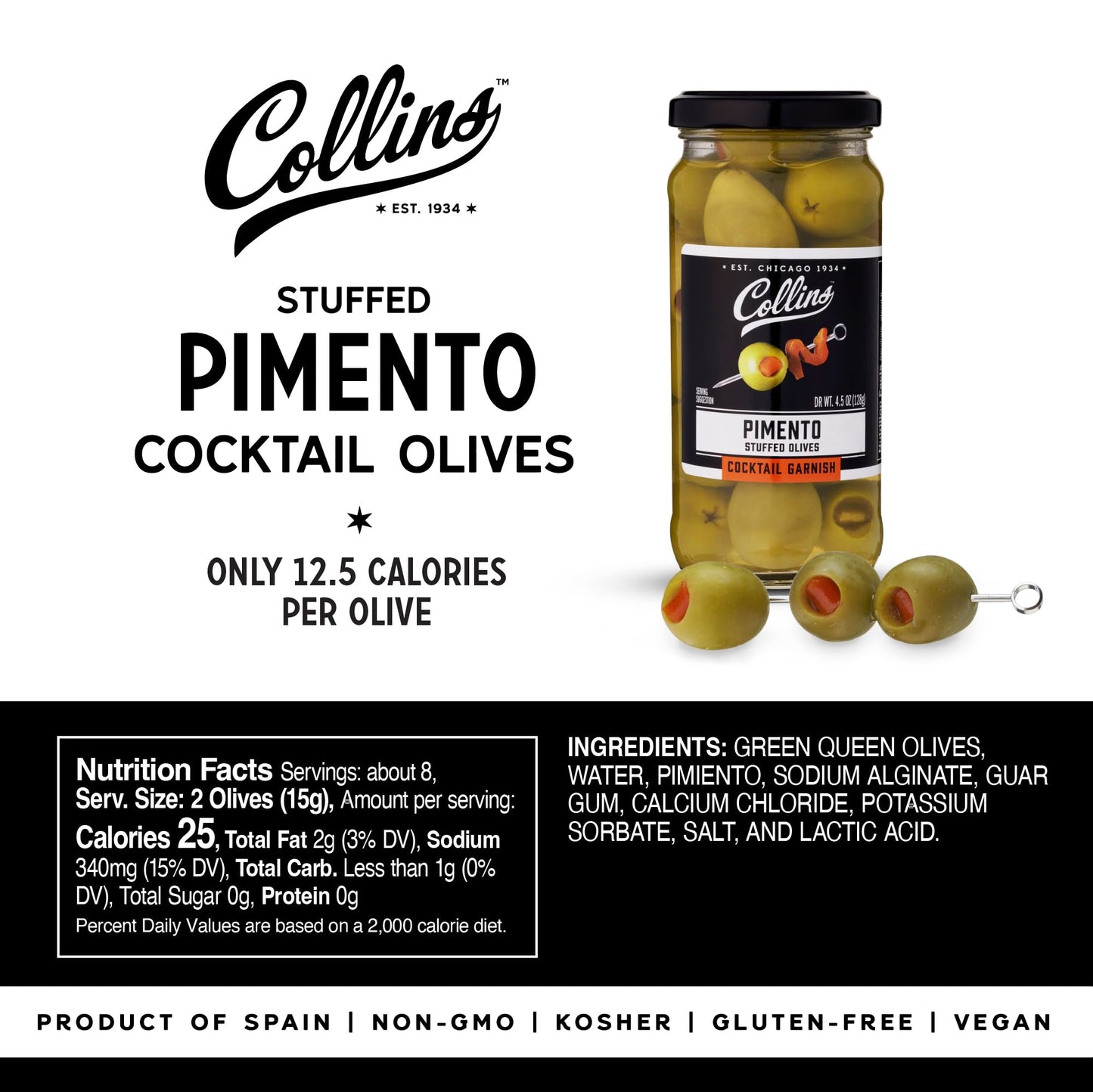 Collins Gourmet Pimento Olives | Premium Garnish | 5oz | 4.5 Ounce