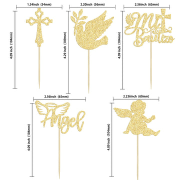 Gyufise 30Pcs Mi Bautizo Cupcake Toppers Gold Glitter Cross Angel Dove Cupcake Toppers Angel Religious God Bless Cupcake Picks F