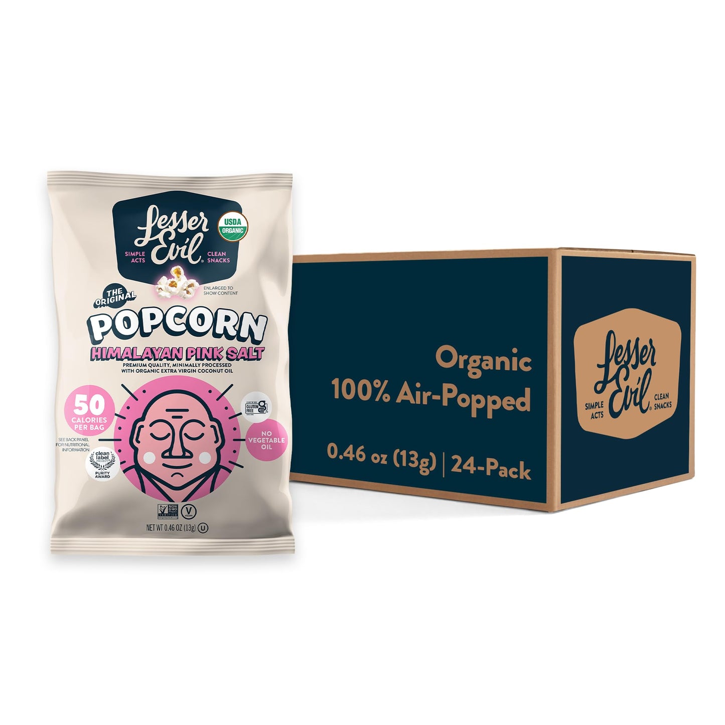 Lesserevil Organic Popcorn, Himalayan Pink Salt, 0.46 Oz, Pack of 24, Premium Quality, Minimally Processed