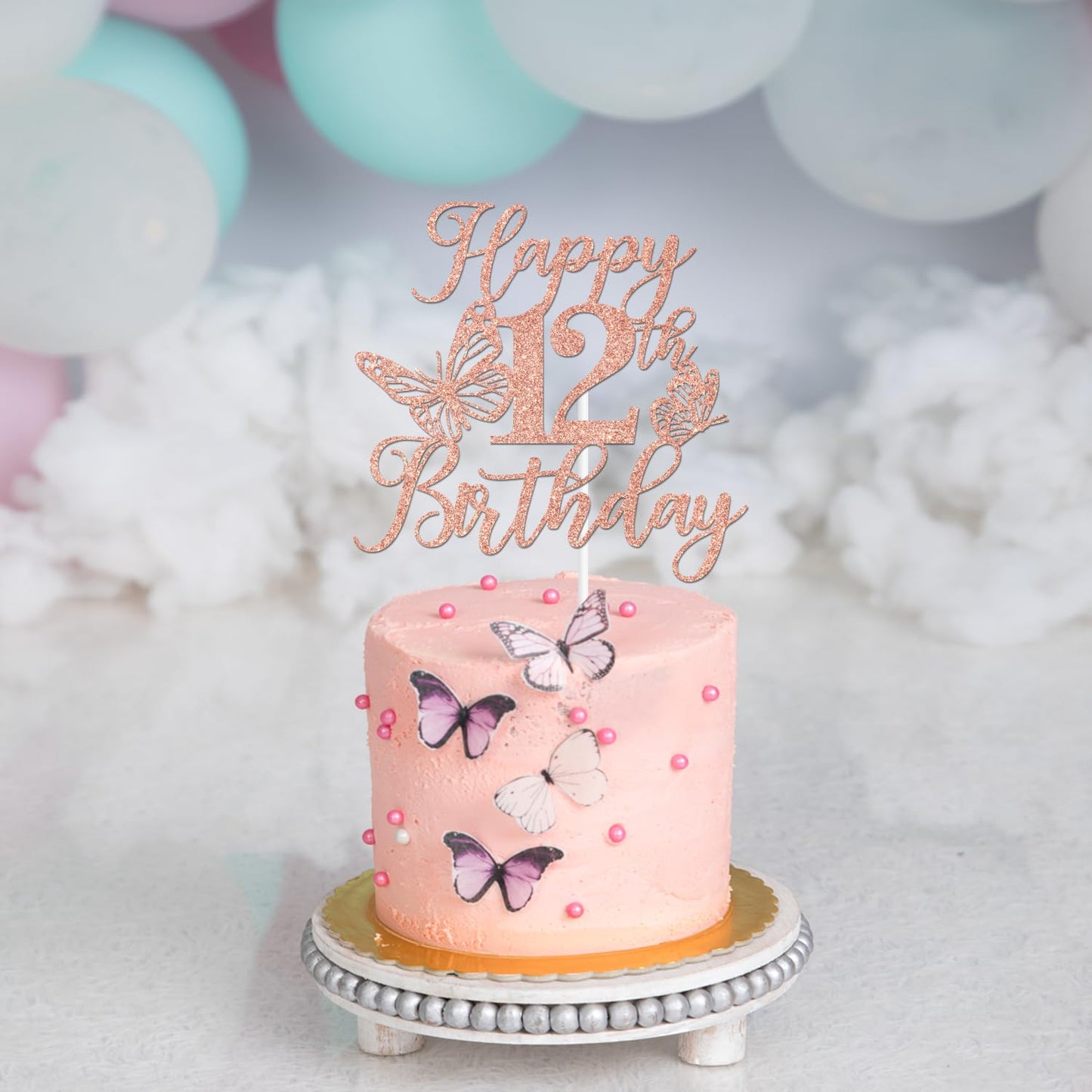 Rose Gold Glitter Happy 12Th Birthday Cake Topper, Butterfly Happy 12Th Birthday/Cheers To 12 Years, Butterfly Themed 12Th Birth
