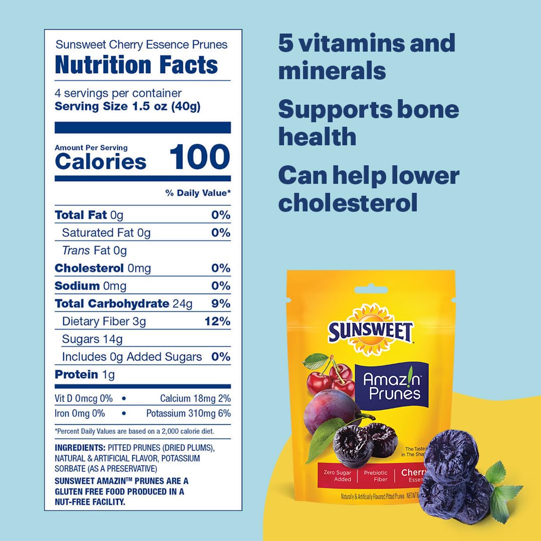 Sunsweet Amazin Prunes Cherry Essence - Prunes Pitted Unsweetened & Dried - Gluten Free, Vegan, Low Fat - Fiber & Minerals - 6