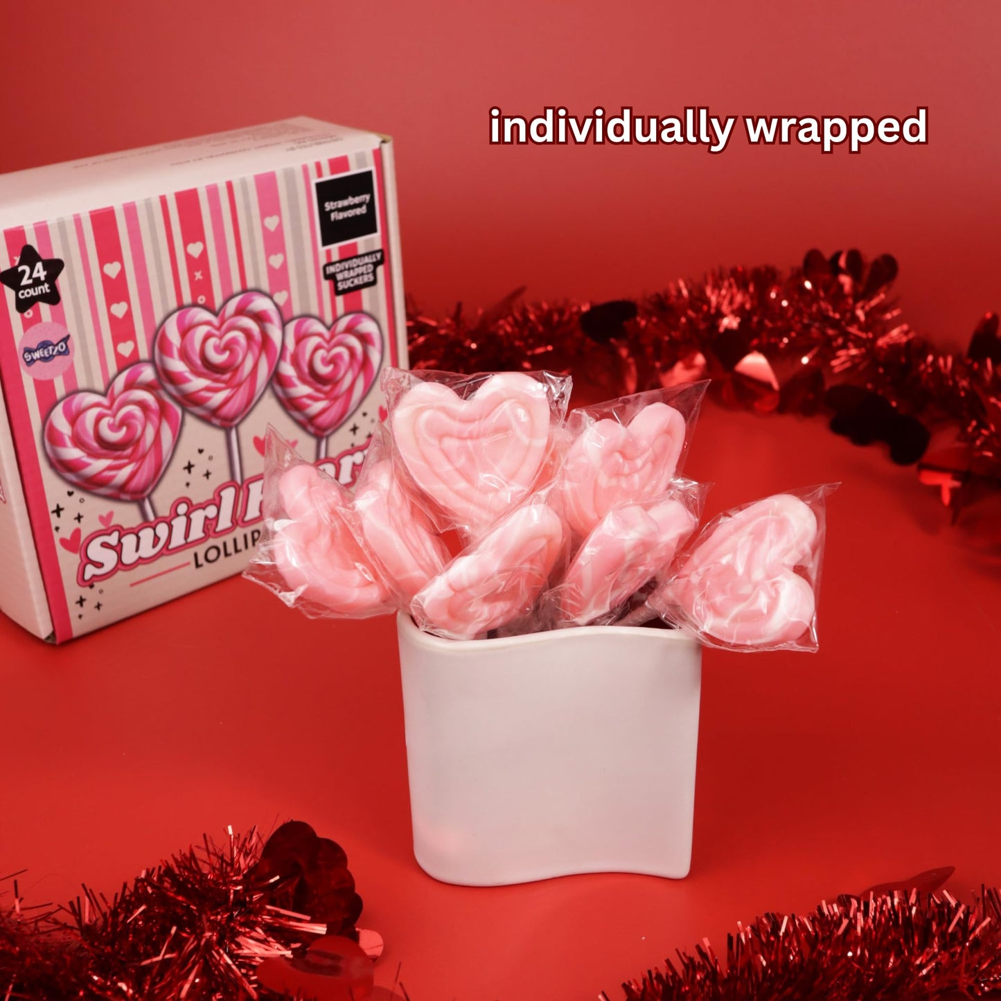 Sweetzo Swirl Lollipops, Strawberry Flavored, 24 Individually Wrapped Suckers, 15.6 cm x 6.1 cm x 18 cm, Pink Heart