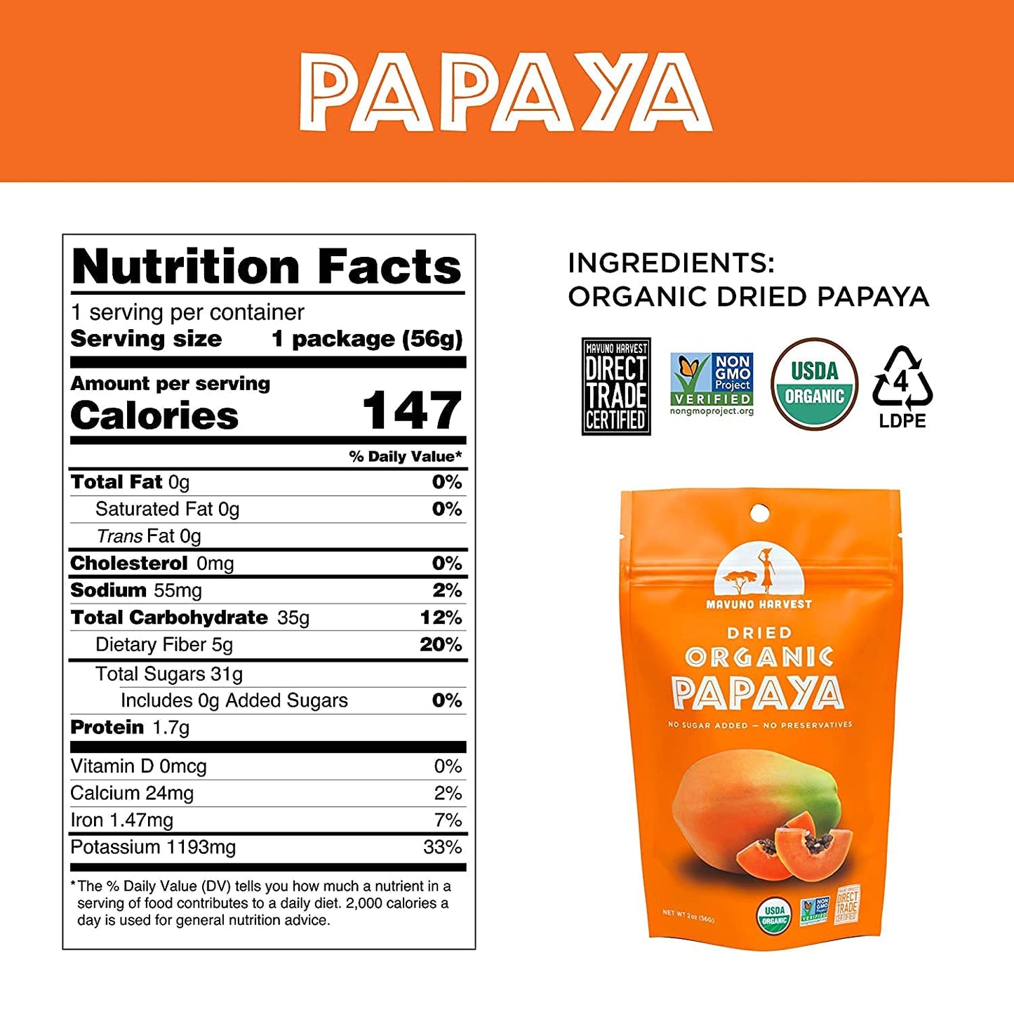 Mavuno Harvest Organic Dried Papaya Snacks, Gluten Free, Vegan, Non-GMO, 2 Ounce (Pack of 6)
