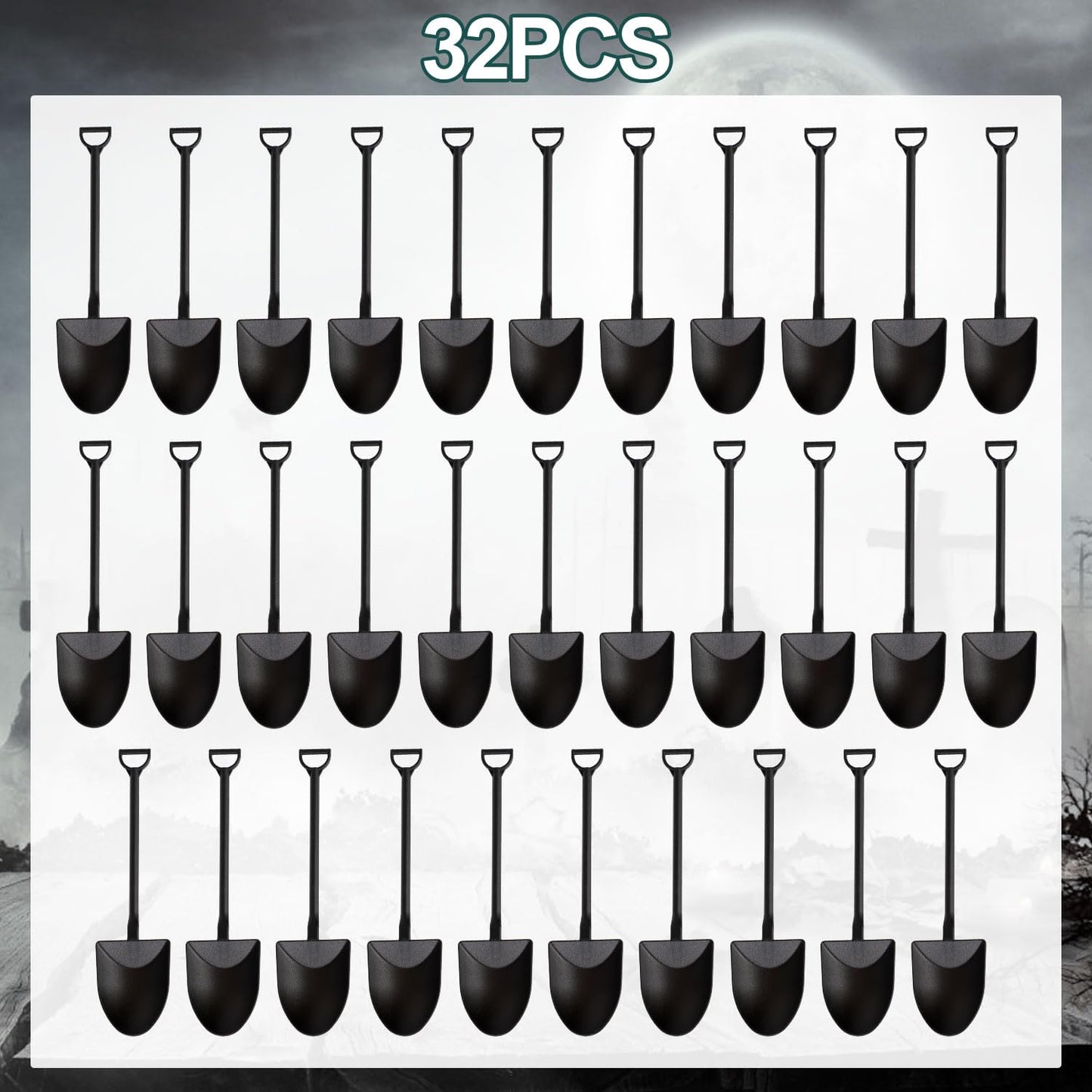 PEUTIER 32pcs Halloween Cupcake Toppers with Spoons - Tombstone Design, Black, Paper/Bamboo/Plastic, Model 01175
