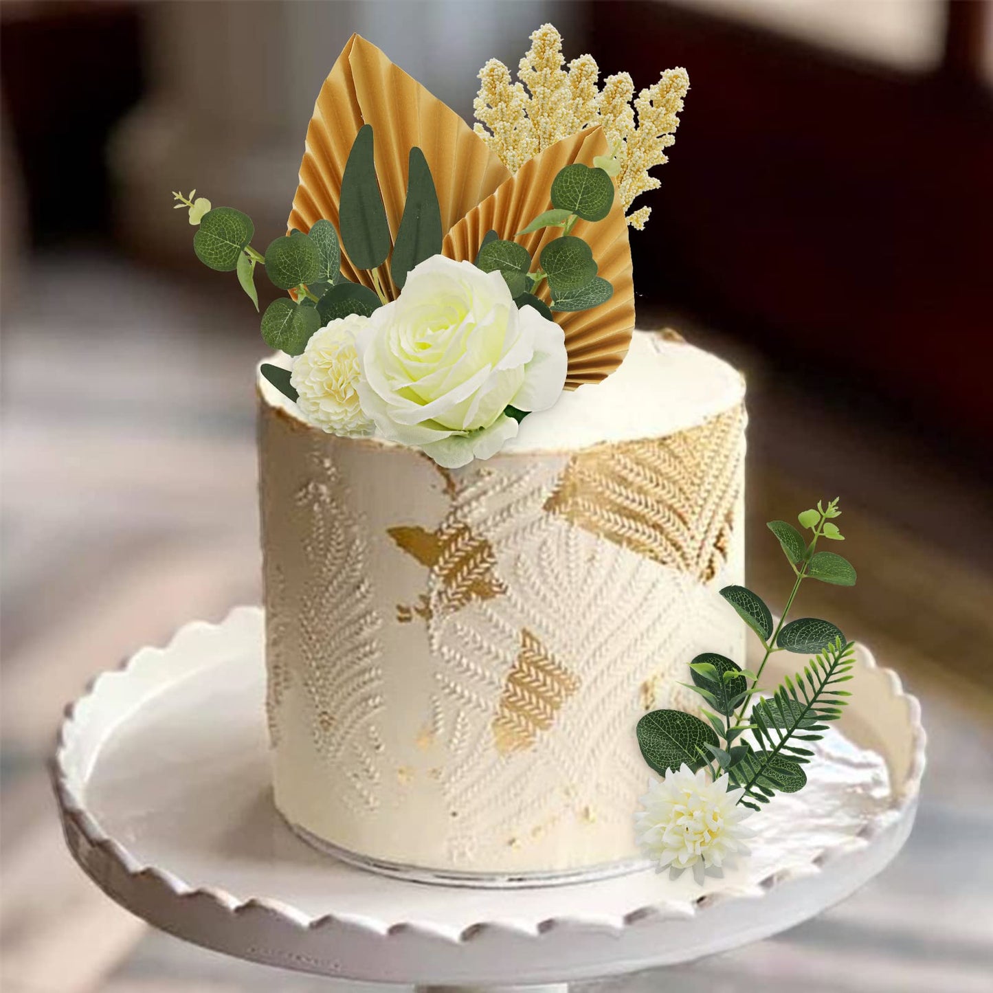 Lukinuo 16Pcs Boho Cake Topper Decoration Flower Cake Topper Gold Palm Leaves Cake Decoration White Rose Carnation Eucalyptus Wi