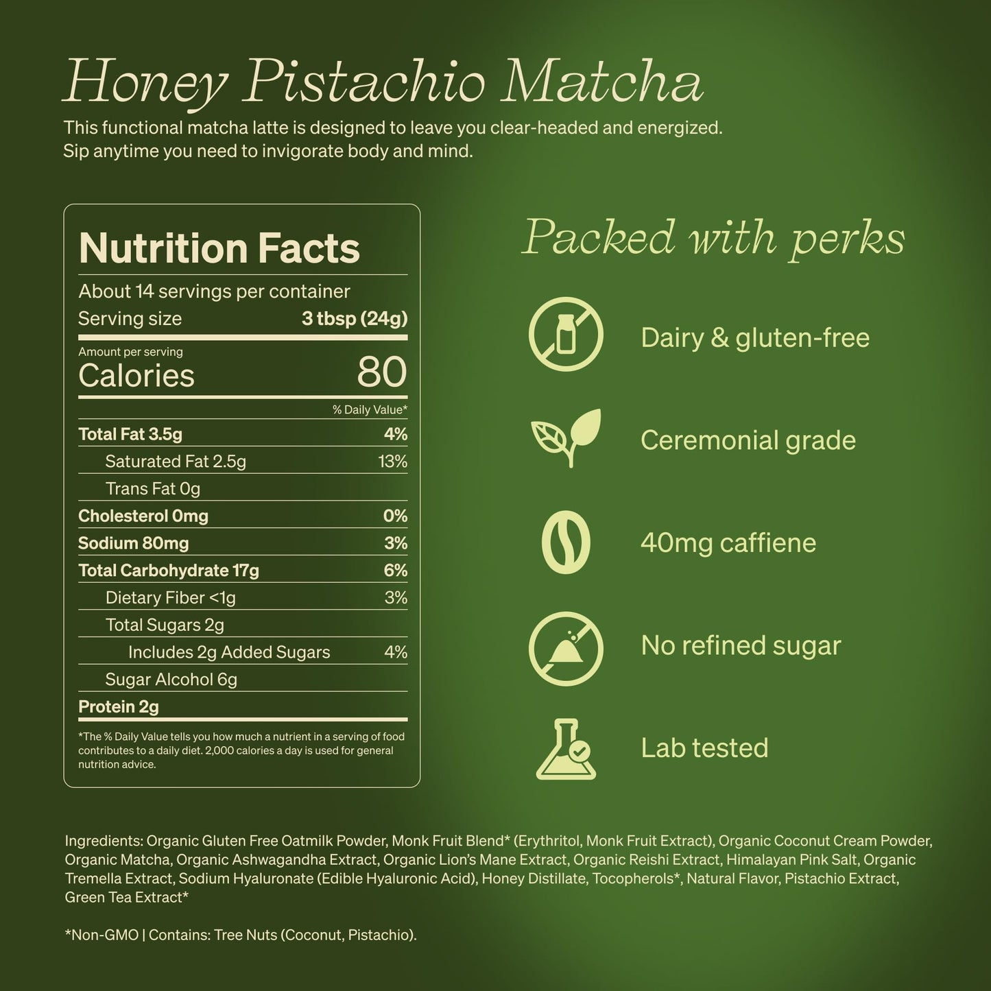Clevr Blends Pistachio Matcha SuperLatte  Organic Ceremonial Grade  Instant Superfood Powder Blend with Lions Mane  Reishi Mushroom  Coconut Cream  Oat Milk  Ashwagandha  Serve Hot or Iced (14 Lattes)
