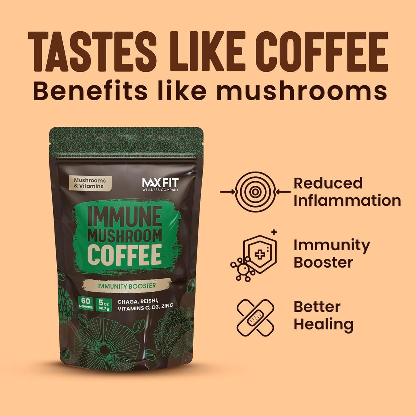 MAX FIT Immunity Mushroom Coffee - 60 Servings, 5 Ounce, Chaga & Reishi with Vitamins C, D3, Zinc, 100% Arabica Instant Coffee