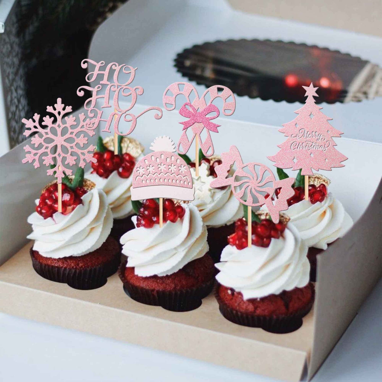 24 Pcs Merry Christmas Cupcake Toppers Glitter Ho Ho Ho Christmas Tree Cupcake Picks Snowflake Cupcake Toppers For Merry Christmas Theme Birthday Party Cake Decorations Supplies