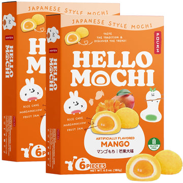 Pocas Hello Mochi, Mango 2-Pack - Soft and Chewy Japanese Snacks, Sweet Rice Cake, Marshmallow & Mango Jam Dessert, Gluten-Free,