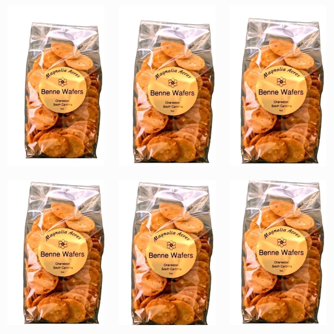 Benne Wafers 6 - Pack Charlestons Traditional Sesame Cookie Snack by Magnolia Acres, Handcrafted Southern Treat, 5 oz Bag Each (