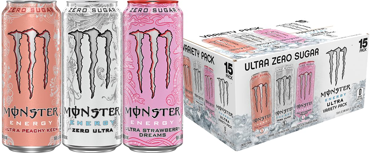 Monster Energy Ultra Variety Pack, Zero Ultra, Ultra Peachy Keen, Ultra Strawberry Dreams, Sugar Free Energy Drink, 16 Ounce (Pack Of 15)