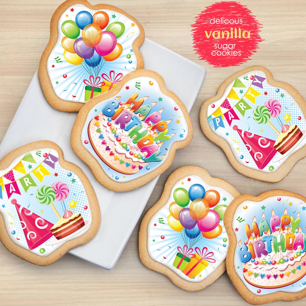 Happy Birthday Cookies Decorated Gift Basket Large 6 Pack | Individually Wrapped Sugar Cookie Jumbo With Icing Cake Party | Nut-Free Kosher