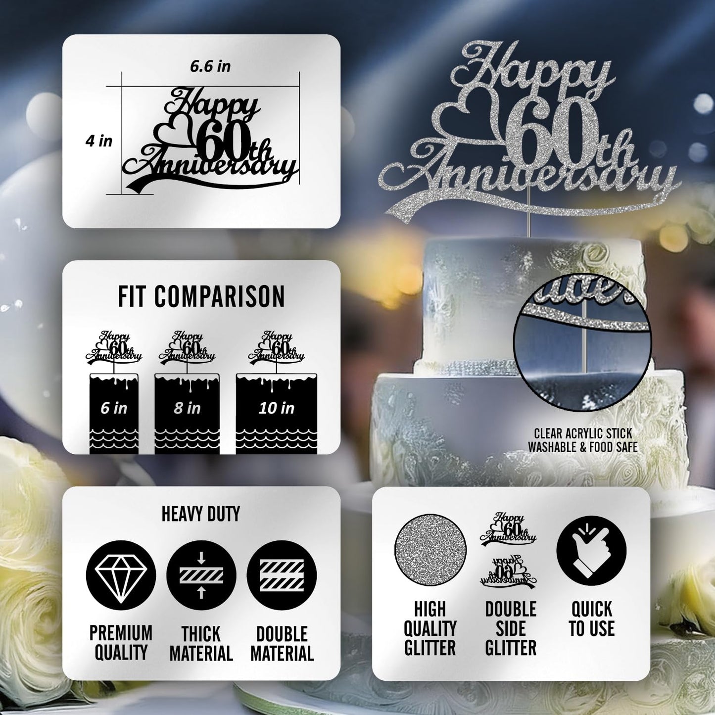 60Th Anniversary Silver Glitter Cake Topper, 60 Wedding Anniversary Party Decoration Ideas, Premium Quality, Sturdy Doubled Side