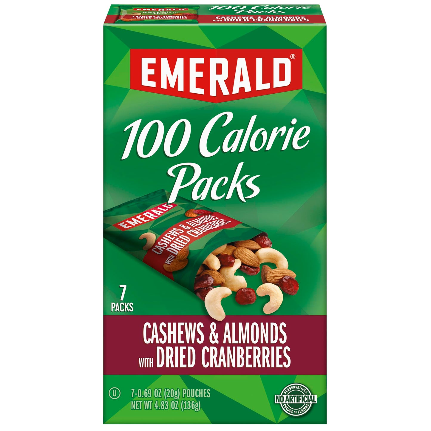 Emerald Nuts Cashews And Almonds With Dried Cranberries 7 Ct (1-Pack) | 100-Calorie Individual Packs Of Nut Blend And Dried Fruit | Kosher Certified, Non-Gmo, Contains No Artificial Preservatives, Flavors Or Synthetic Colors