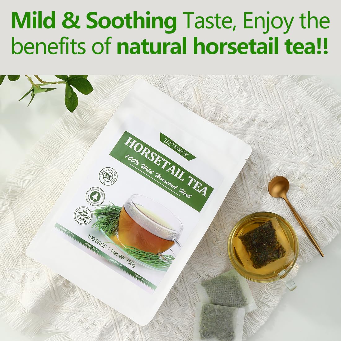 ULTHMOK Premium Horsetail Tea Bags, 100% Natural Herb, Caffeine Free, 100 Count