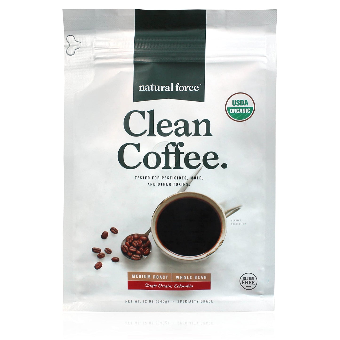 Natural Force - Organic Clean Coffee Classic  Mold & Mycotoxin Free  Lab Tested for Toxins & Purity  Low Acidity  Incredible Taste & Aroma  Whole Bean Medium Roast  12 oz