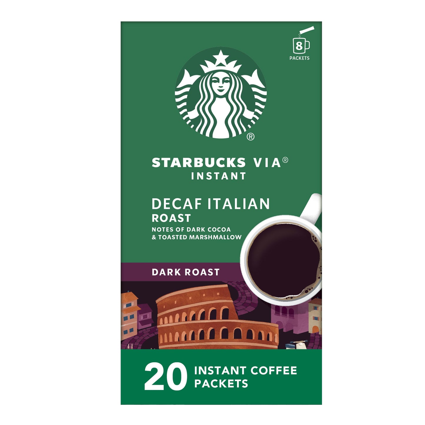 Starbucks Via Instant Coffee  Dark Roast Coffee  Decaf Italian Roast  Arabica Beans  Single-Serve  1 Box (20 Packets)