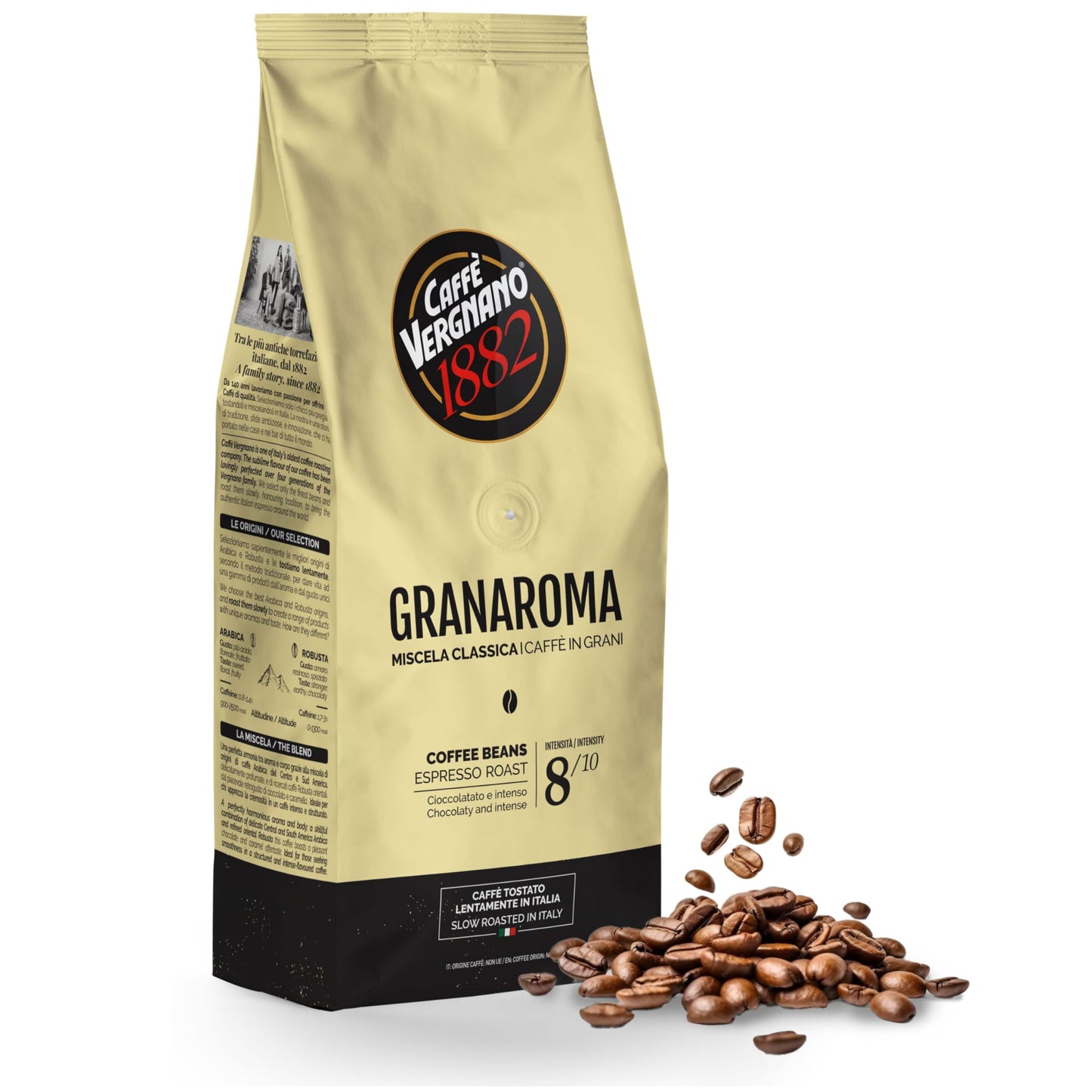 Caffe Vergnano 1882 Gran Aroma Whole Bean Coffee, Medium Roast, 17.63oz (500g) Bag, Intensity 8/10