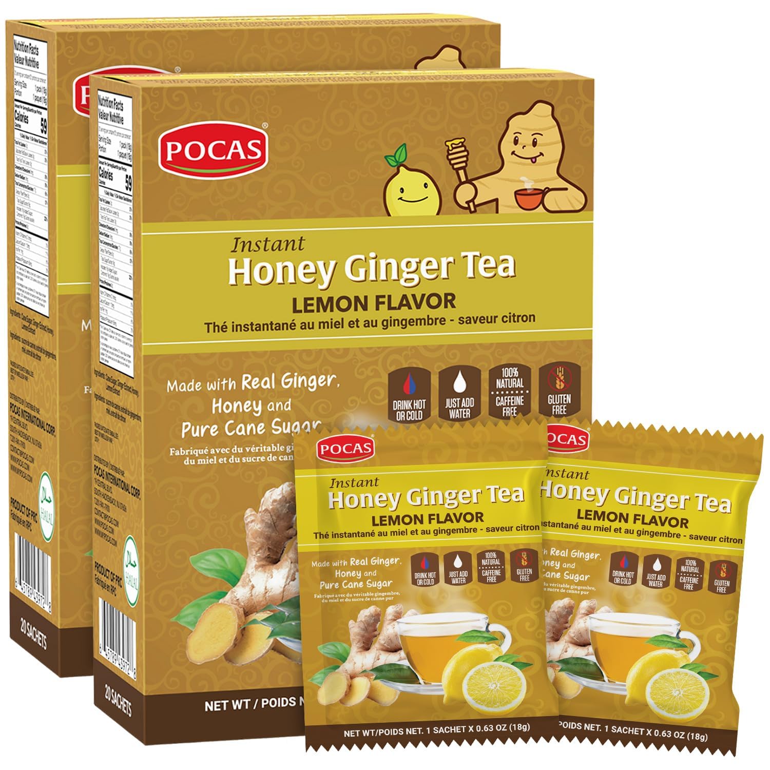 Pocas Honey Ginger Tea - Lemon Flavor, 18g, 20 Count, Pack of 2