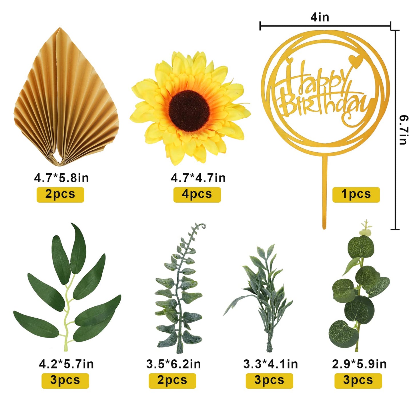 Memovan Sunflower Cake Topper 18Pcs Sunflower Cake Decoration With Gold Happy Birthday Cake Topper Sunflower Golden Palm Eucalyp