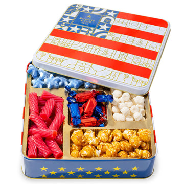 BONNIE AND POP Gift Basket - Patriotic Candy Sampler with Soft Licorice, Gummy Stars, Champagne Bubbles, 24 Ounce