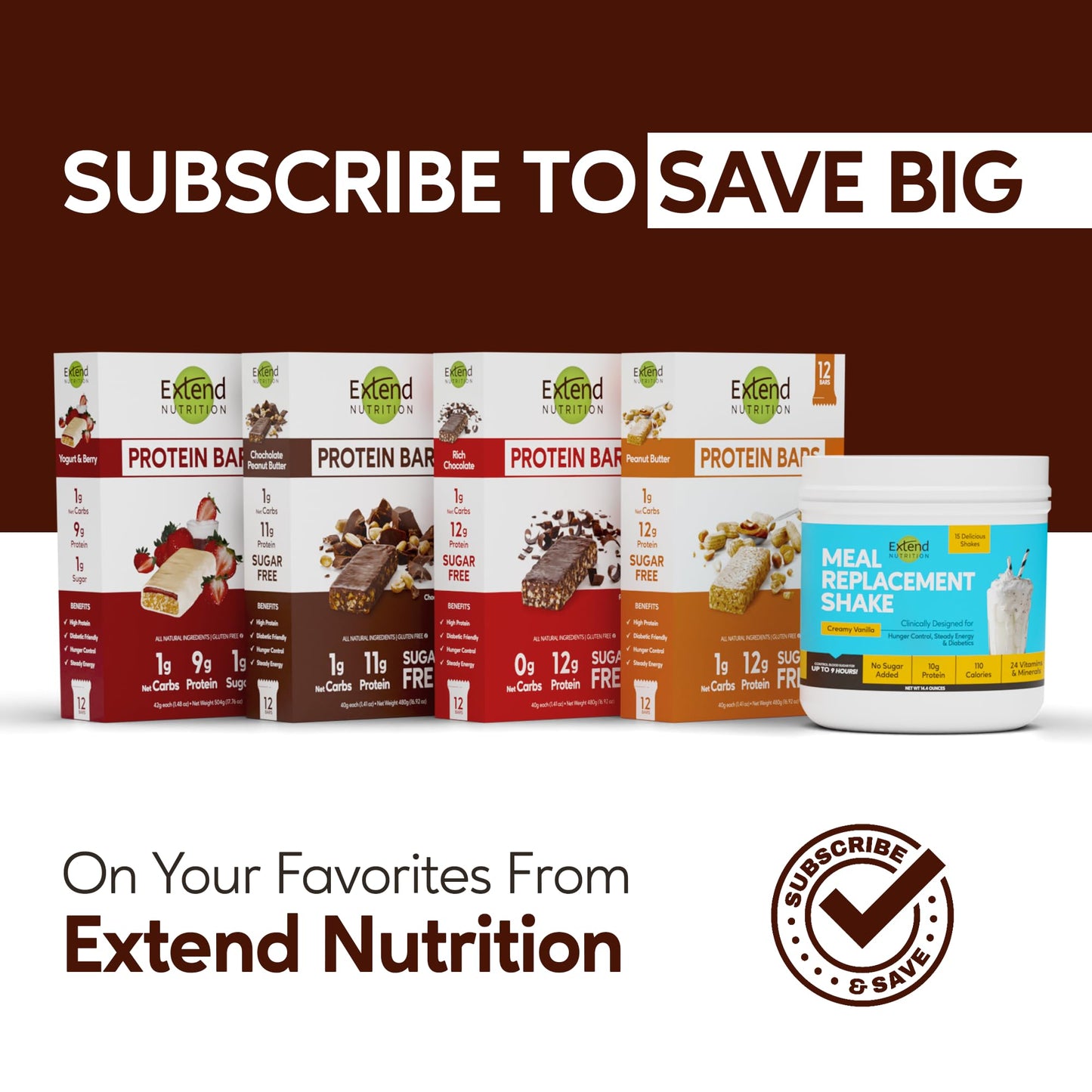 Extend Sugar Free Protein Bars, Perfect Diabetic Snacks, High Protein And Fiber, Hunger Control & Steady Energy, Low Carb, Keto Friendly (12 Count, Variety Pack)