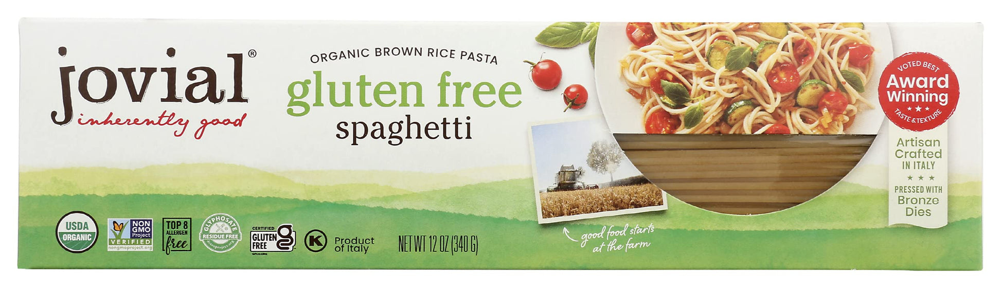 Jovial Gluten Free Brown Rice Pasta Organic - Award-Winning Taste & Texture  Non-GMO  Free of Top 8 Allergens  Vegan Brown Rice Noodles  Made in Italy - Gluten Free Spaghetti  12 oz