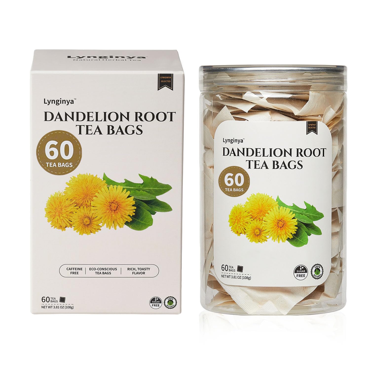 Lynginya Dandelion Root Tea - Premium Roasted Herbal Tea, 60 Tea Bags, Caffeine-Free, No Sugar