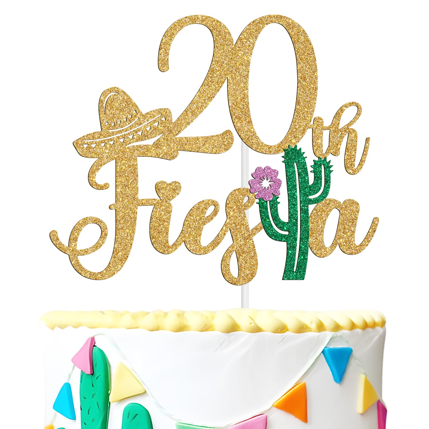 Tivurcia Fiesta 20th Cake Topper, Gold Tropical Birthday Decoration Supplies